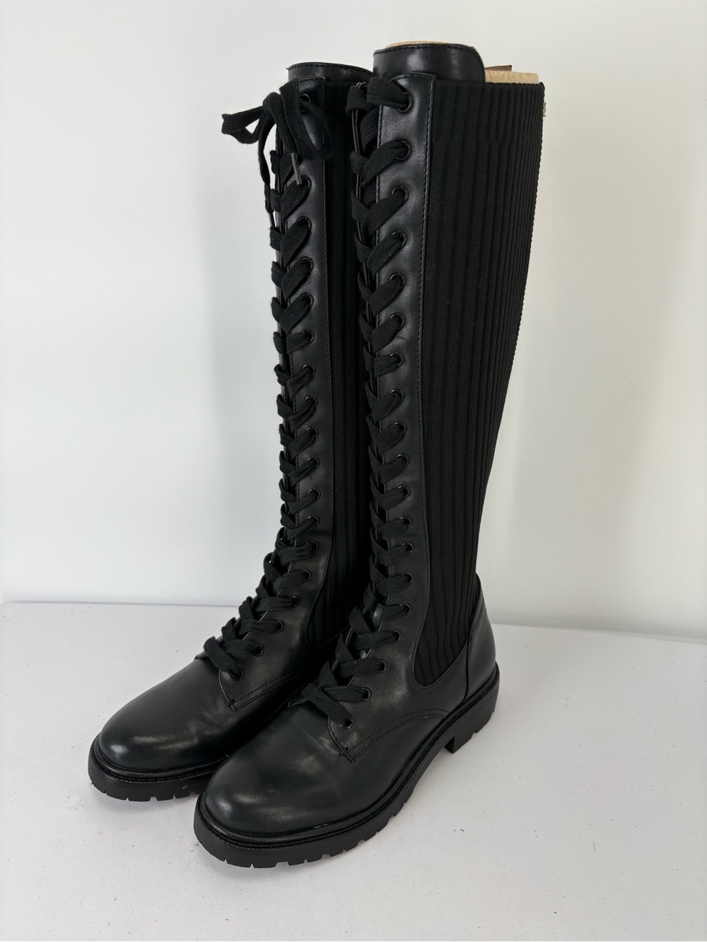 📦 nwob Sam Edelman Lila Black Knee-High Lace-Up Combat Boots leather and knit
